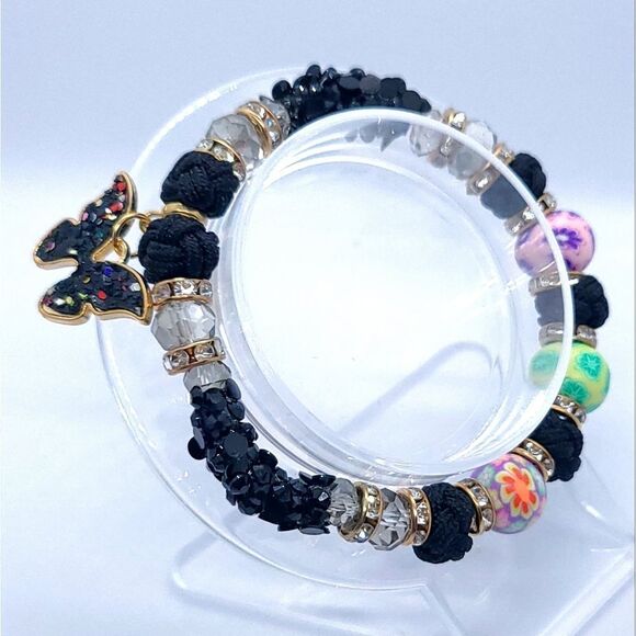 Butterfly Sparkly Beaded Black Cord Bracelet Handmade Stretchy Cottagecore New - Picture 5 of 9
